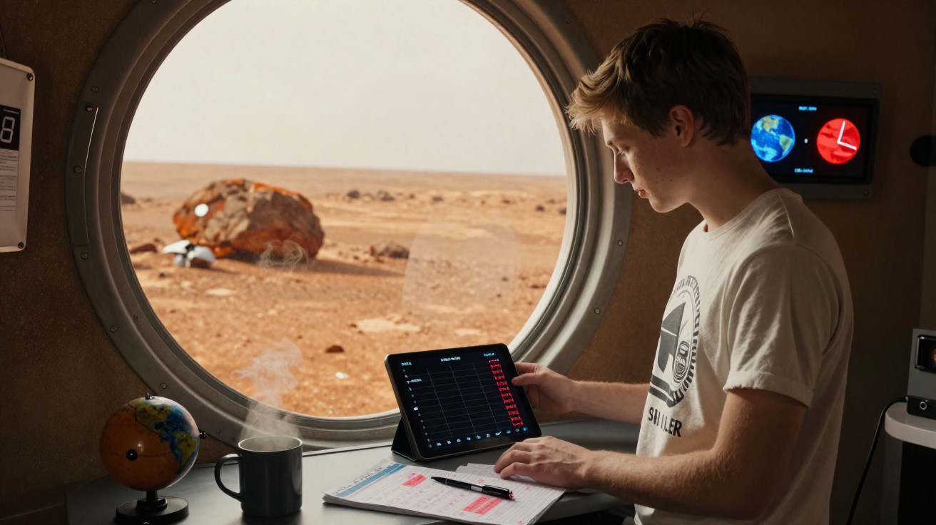 Young man working on a tablet near a round window showing a rocky, barren landscape outside.