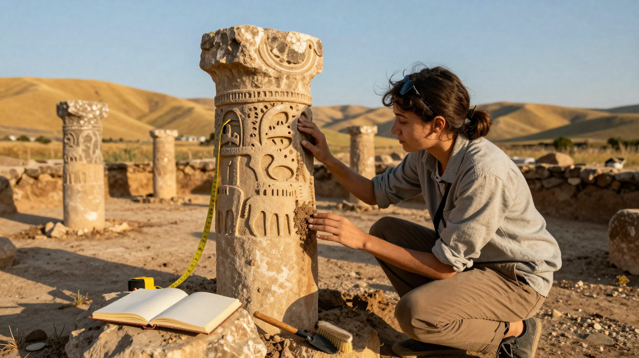 Archaeologist cleaning and examining decorated stone pillar at an ancient ruin site with tools and notebook nearby.