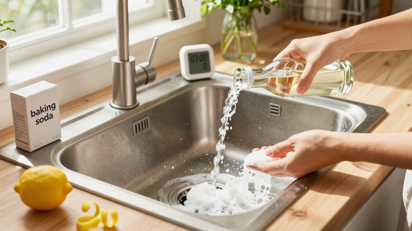 Person pouring liquid into baking soda in a kitchen sink for natural cleaning with lemon nearby.