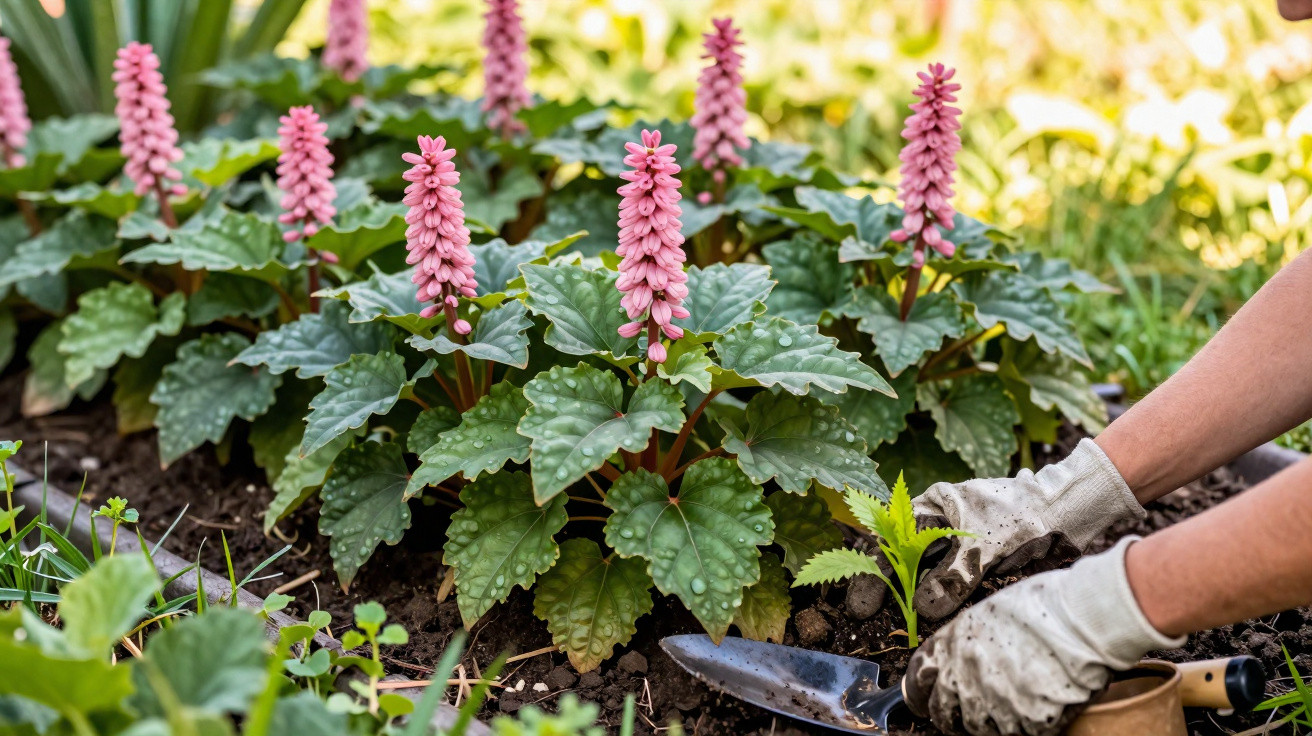 Person wearing gloves planting a small seedling next to pink flowering plants in a garden bed.