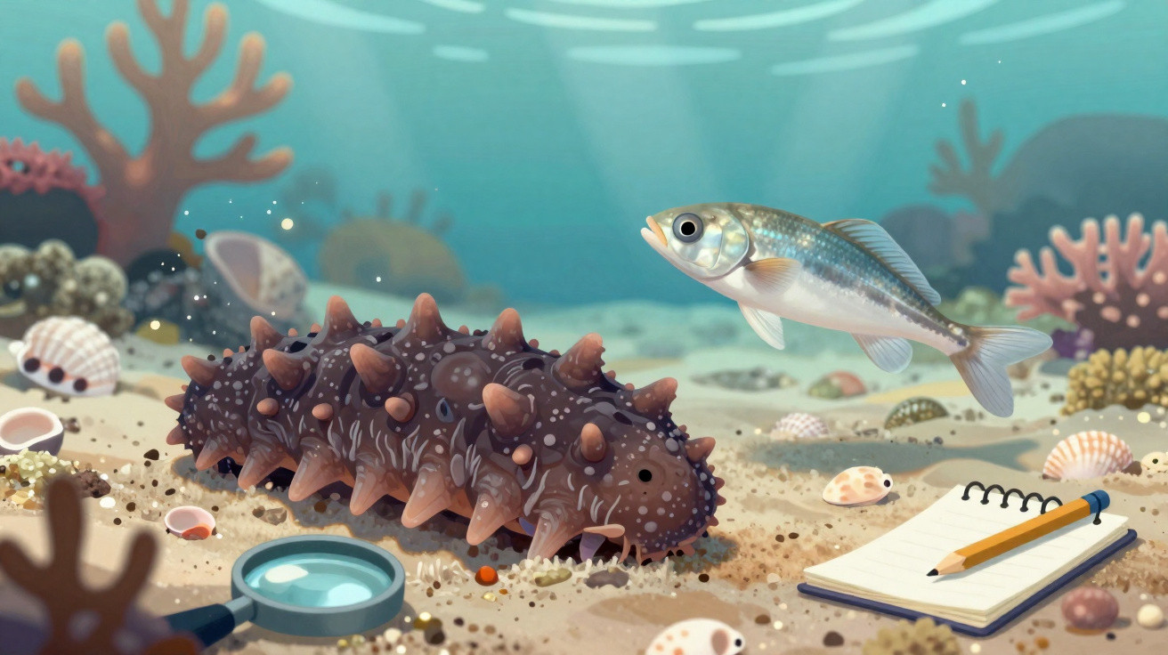 Underwater scene with a spiky sea cucumber, a small fish, shells, a magnifying glass, and a notebook with a pencil.
