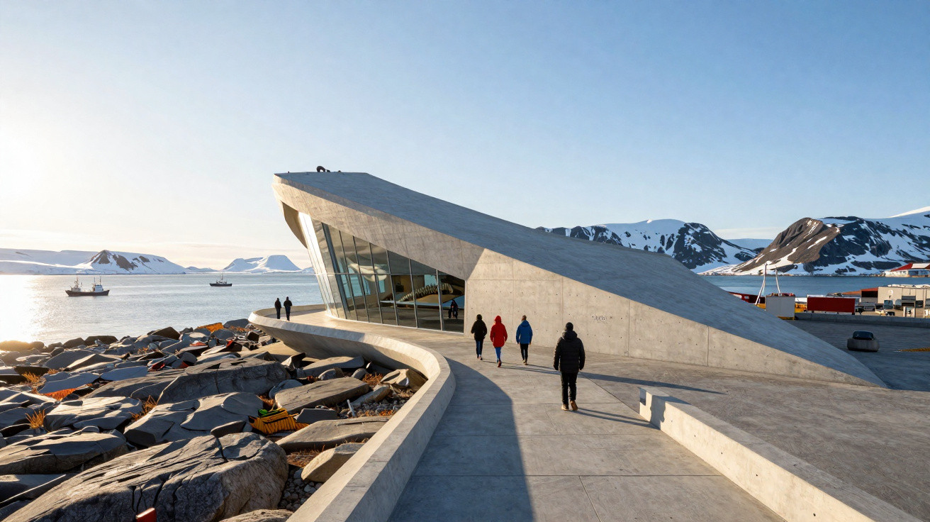 People walking toward the modern Arctic building by rocky shore with snow-capped mountains and ships in the background.