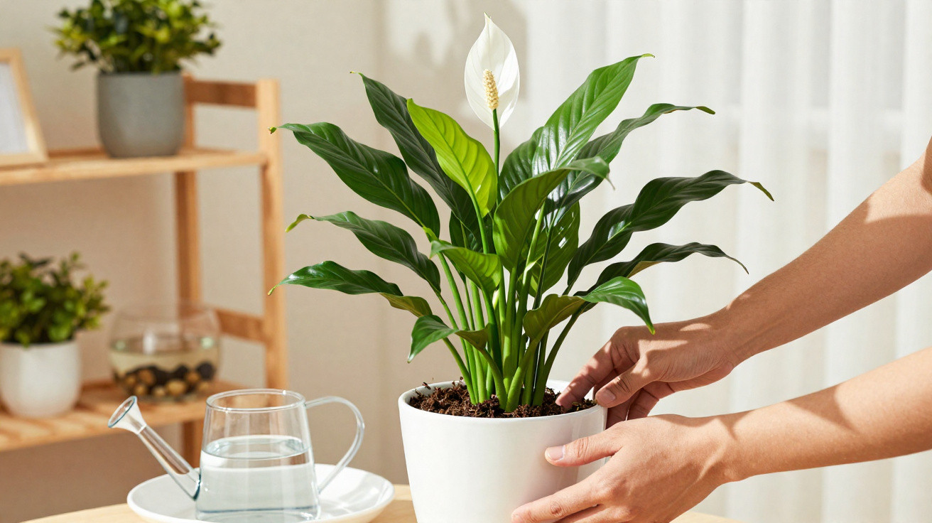 Hands holding a white pot with a blooming peace lily plant next to a clear watering can on a white tray.