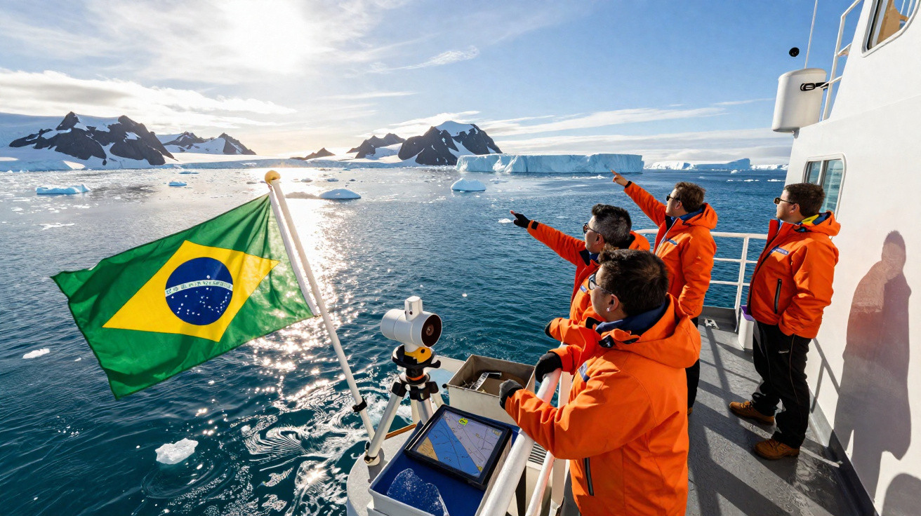 Four people in orange jackets on a boat with a Brazilian flag, pointing at icebergs and snowy mountains in icy waters.