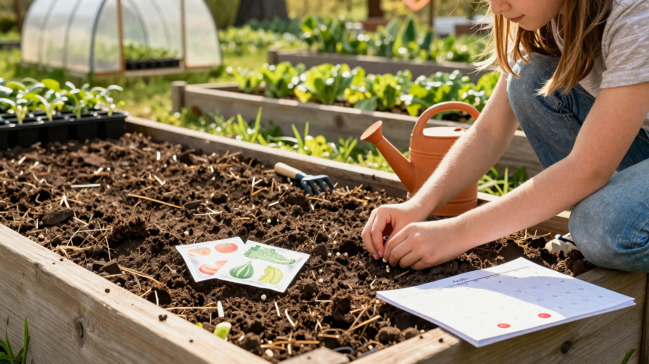 Child planting seeds in a raised garden bed with seed packets, a calendar, and a watering can nearby.