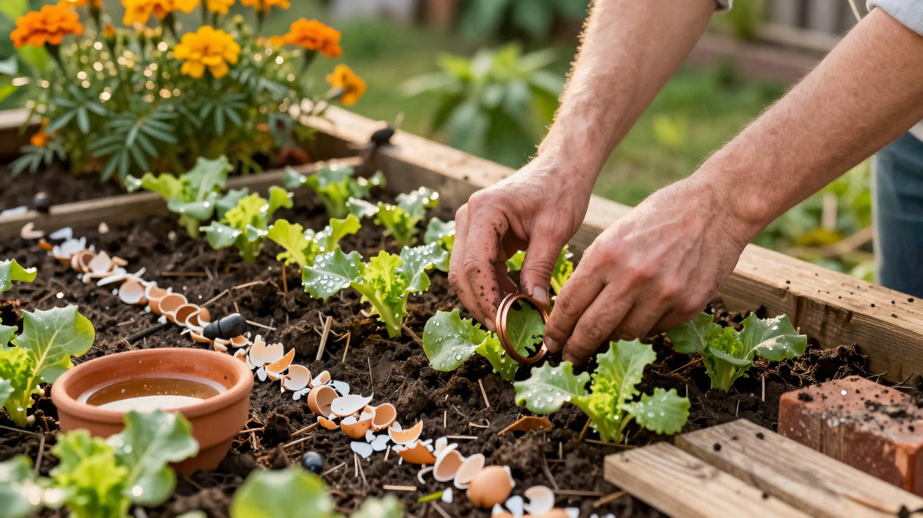 Hands tending to leafy green plants in a raised garden bed with eggshells and flowers nearby.