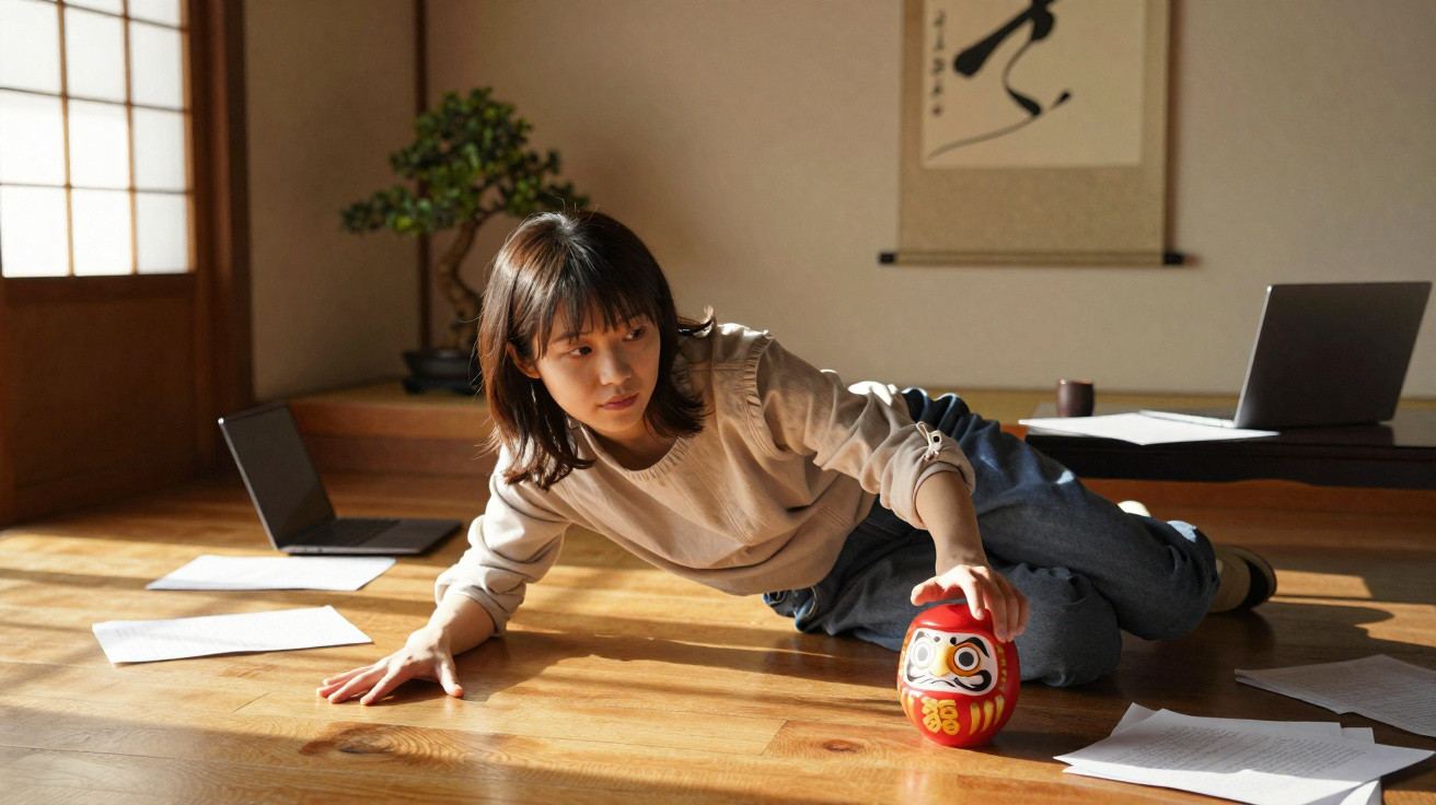 Young woman on wooden floor reaching for a red Daruma doll, surrounded by papers and laptops in a sunlit room.