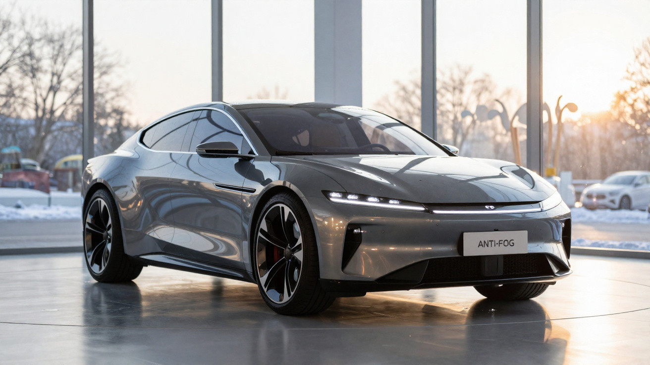 Sleek silver electric sports car with black roof and large alloy wheels showcased indoors by window.