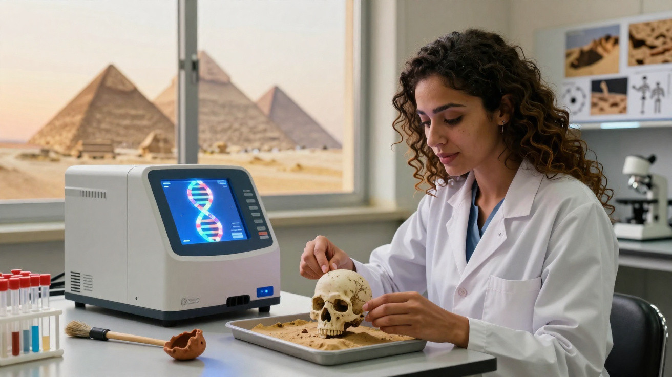 Female scientist examining a human skull with DNA sequencing machine in a lab, pyramids visible outside window.