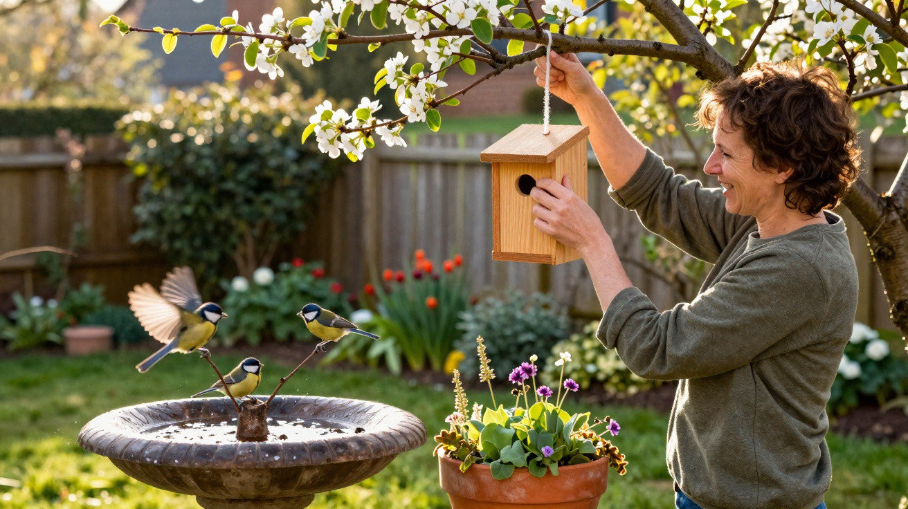 Woman hanging a wooden birdhouse on a blossoming tree branch in a garden with birds at a birdbath nearby