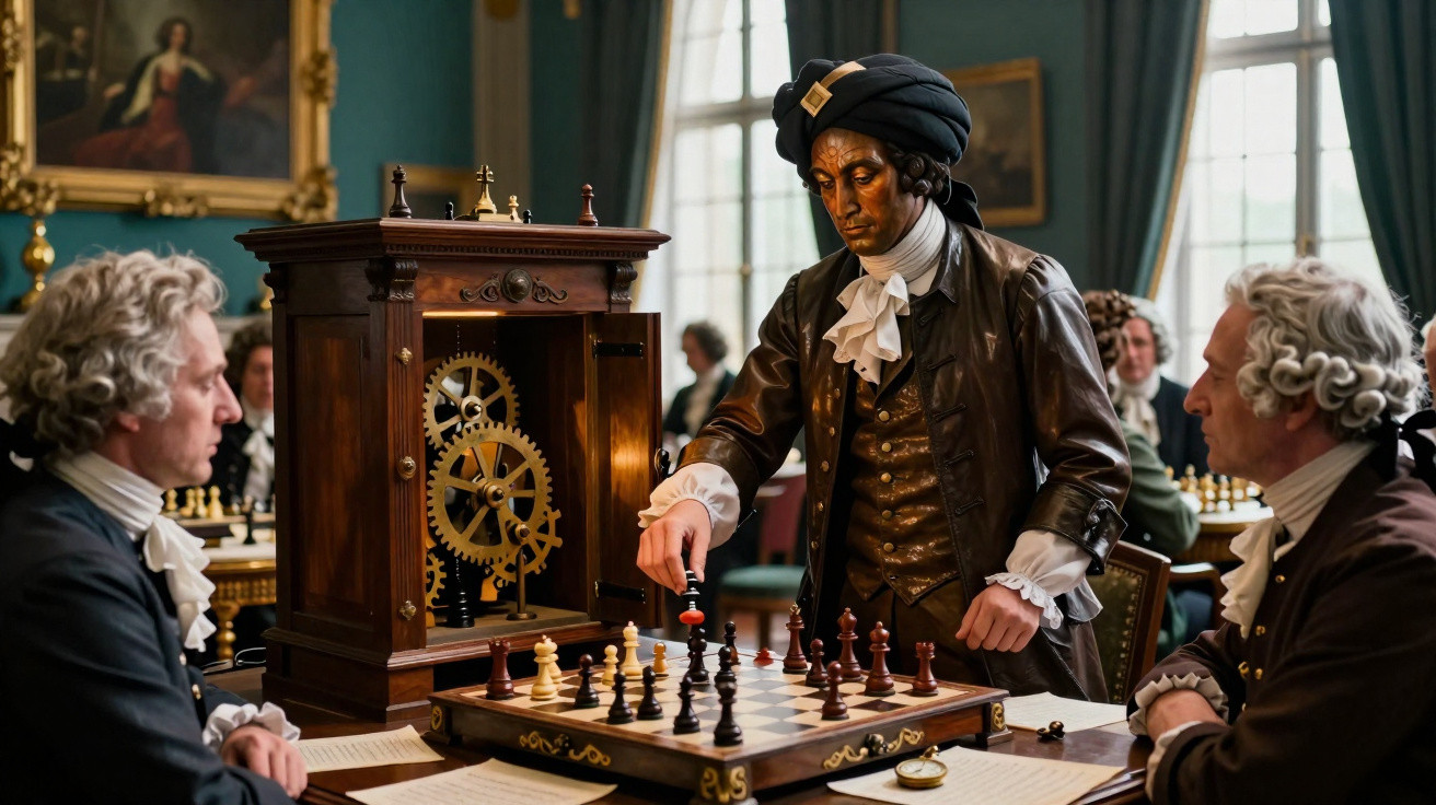 People in 18th-century attire playing chess with a mechanical automaton in a richly decorated room.