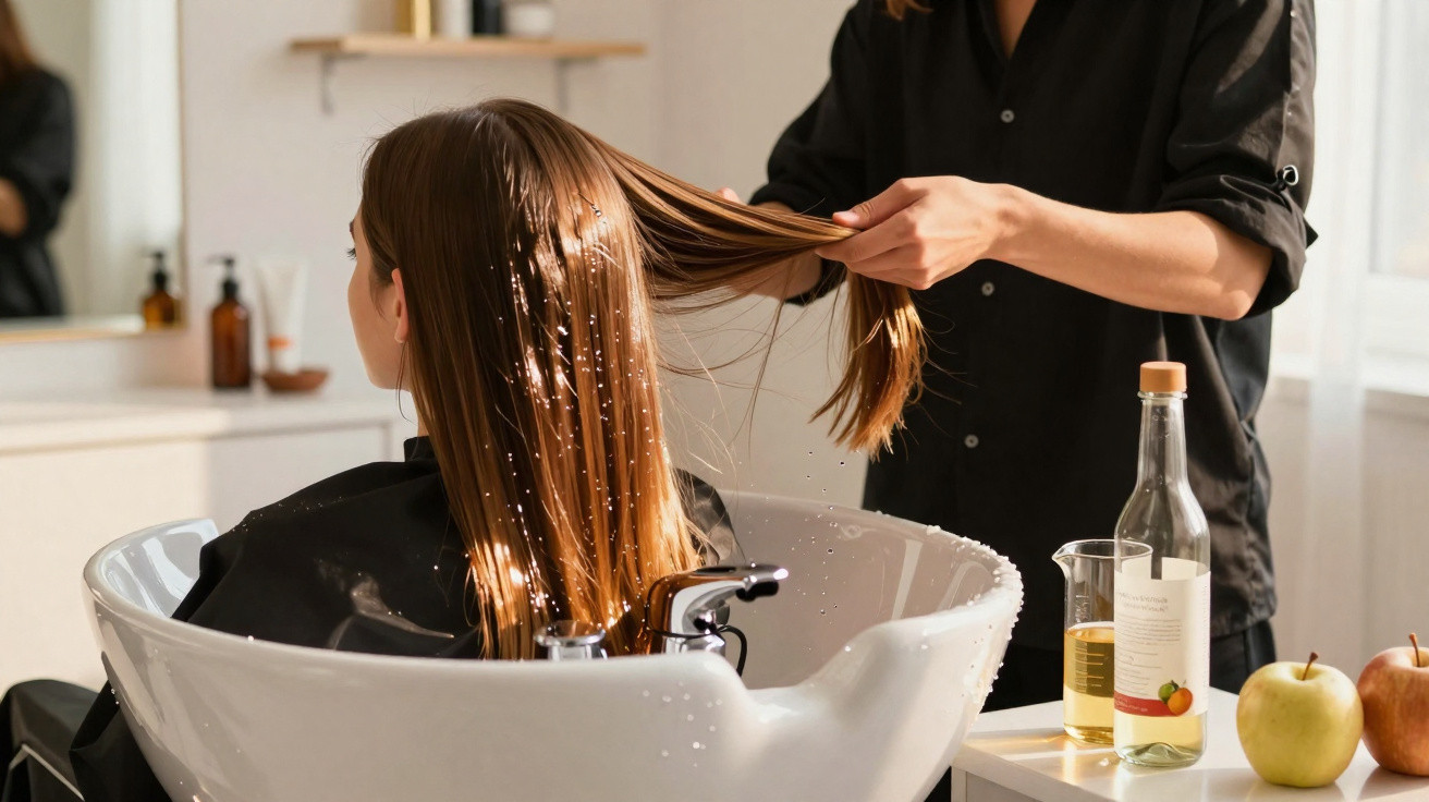 Hairdresser washing long hair of seated client in salon basin with hair care products nearby