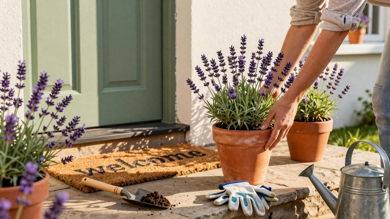 Person placing a potted lavender plant on a doorstep beside a welcome mat and gardening tools.