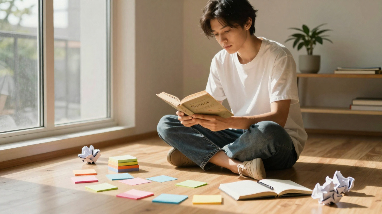 Young person sitting cross-legged on the floor reading a book surrounded by colourful sticky notes and crumpled paper.