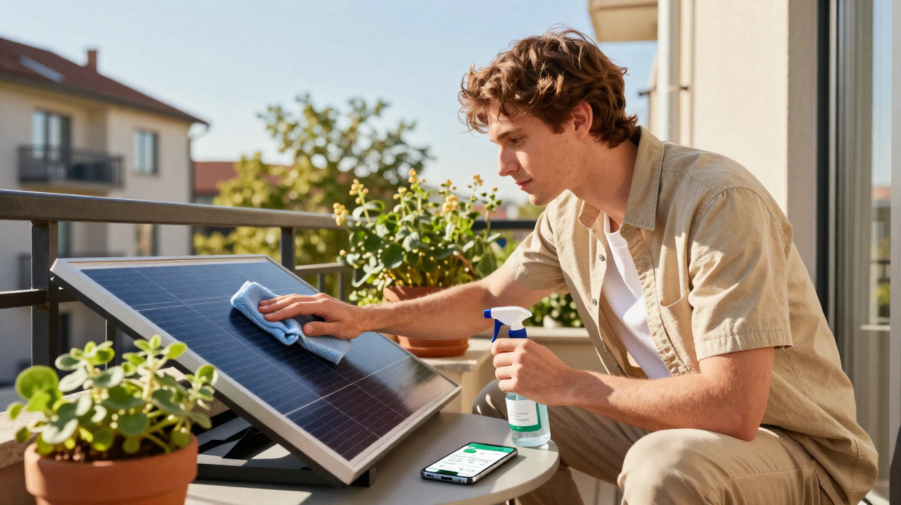 Young man cleaning a solar panel with a cloth and spray bottle on a sunny balcony with plants around.