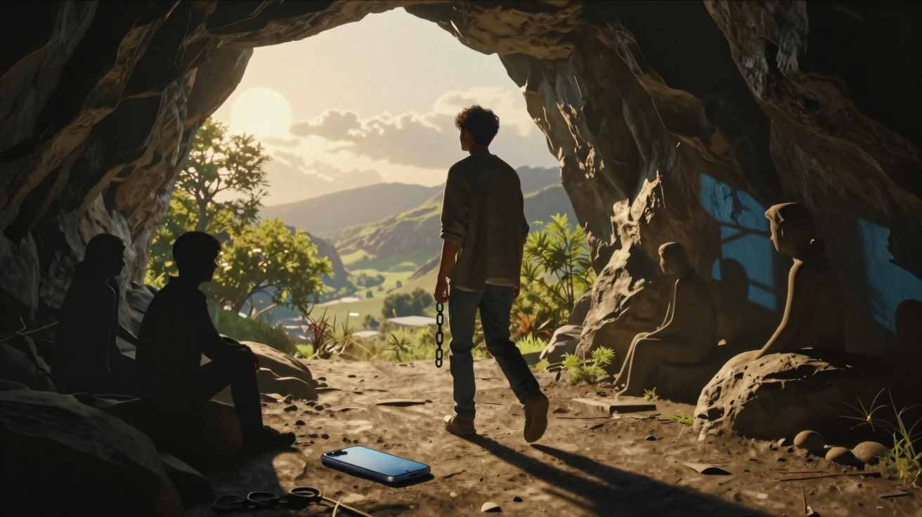 Person standing at cave entrance holding broken shackles, overlooking sunlit valley with statues inside cave.