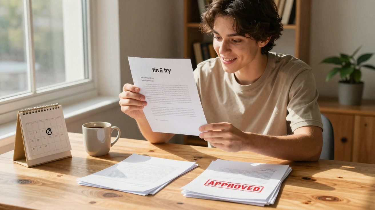 Young man sitting at a table reviewing a resume with an approved document and a calendar marked in the background.