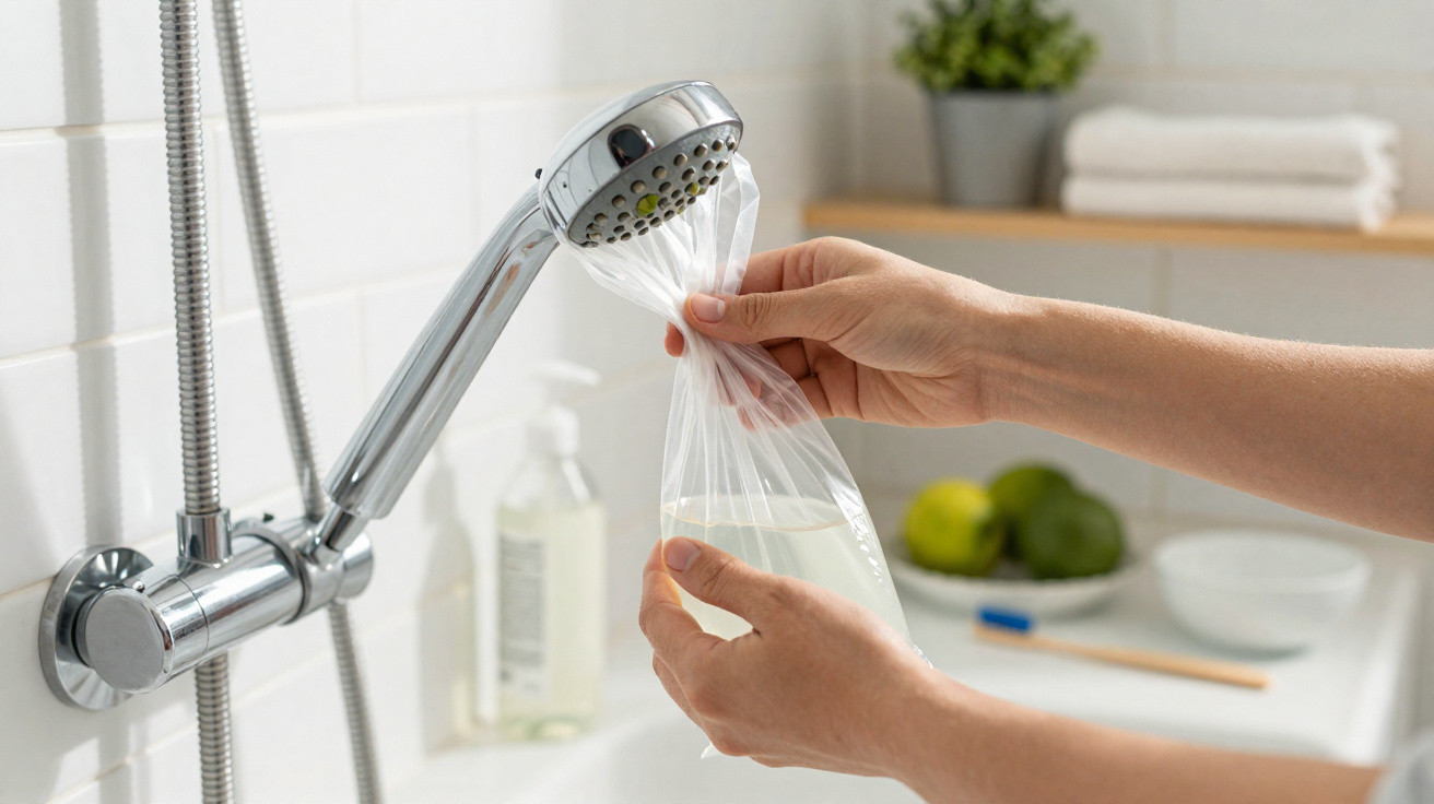 Hands filling a plastic bag with water from a chrome showerhead in a bright, modern bathroom setting.