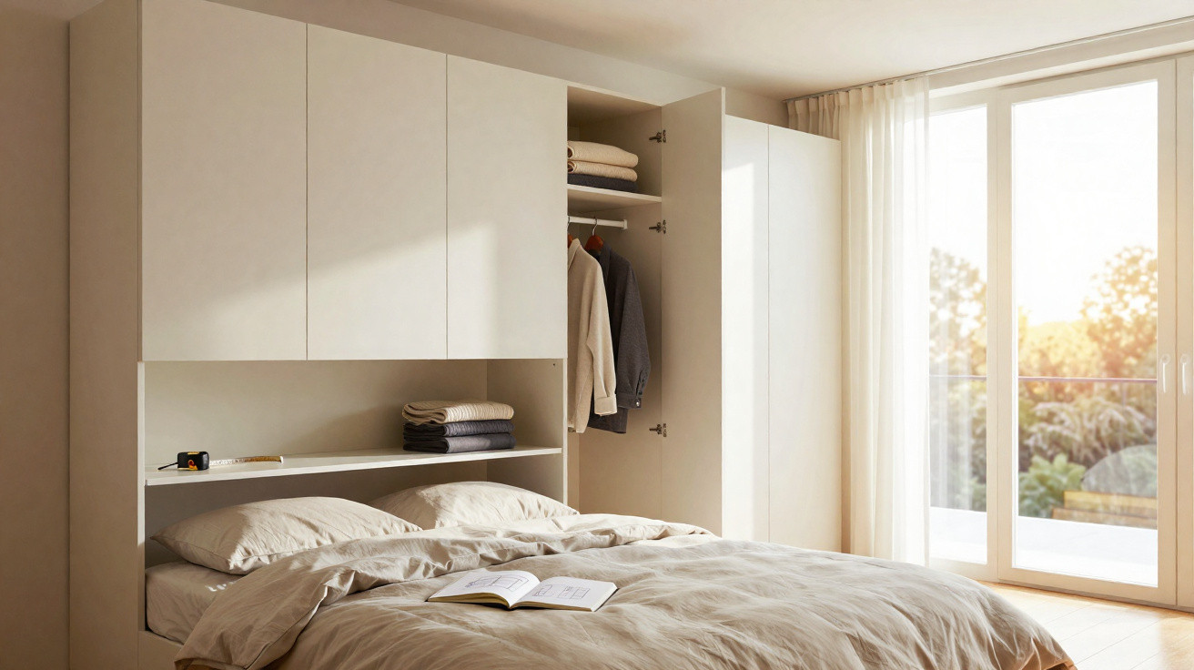 Cozy bedroom with beige bedding, built-in wardrobe, open closet door with clothes, and large window with sheer curtains.