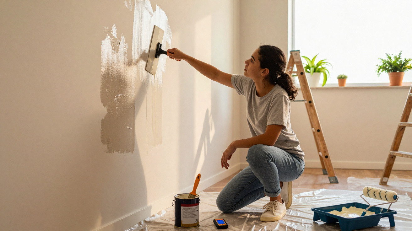 Woman kneeling and plastering a wall indoors with painting supplies and ladders nearby.