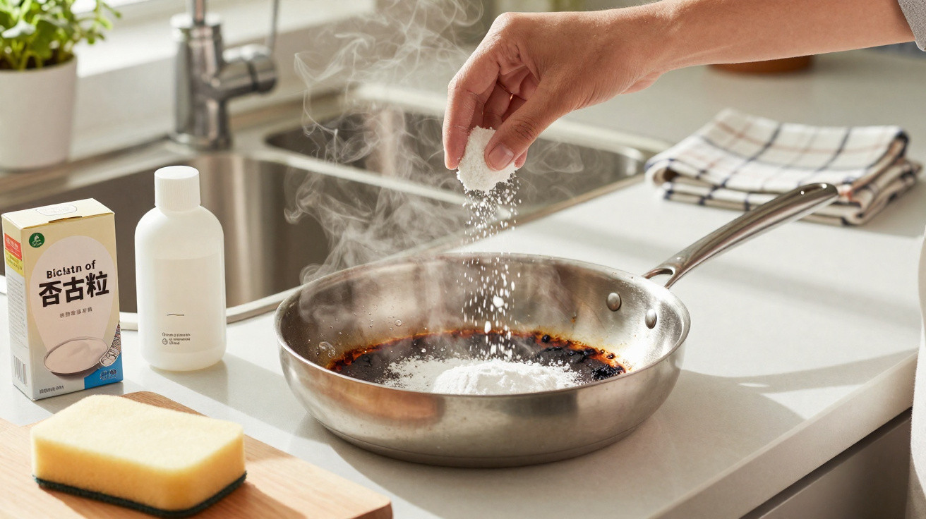 Hand sprinkling baking soda into a steaming stainless steel pan on a kitchen counter.