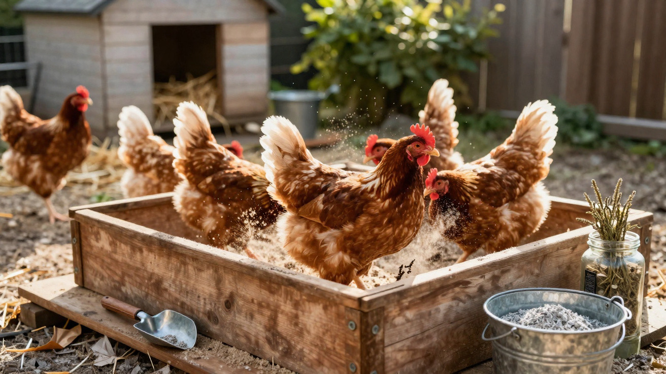 Brown hens dust bathing in a wooden pen in a sunny backyard with gardening tools nearby.