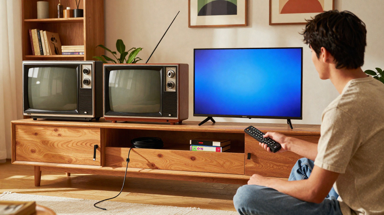 Man sitting on floor holding remote control, facing two vintage TVs and one modern TV on wooden cabinet.