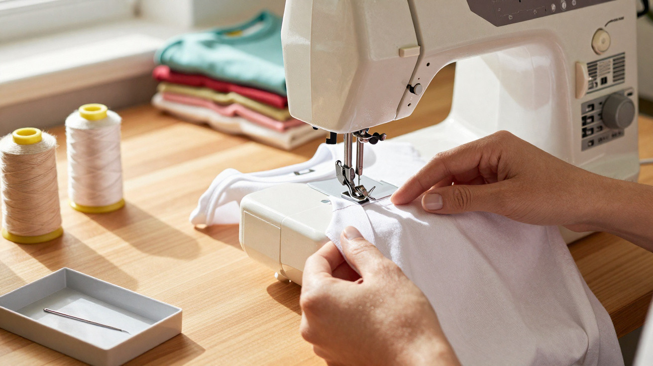 Hands guiding white fabric through a sewing machine on a wooden table with thread spools and folded clothes.