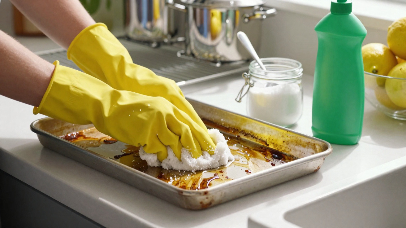 Person wearing yellow gloves cleaning a greasy baking tray with a cloth on a kitchen counter.