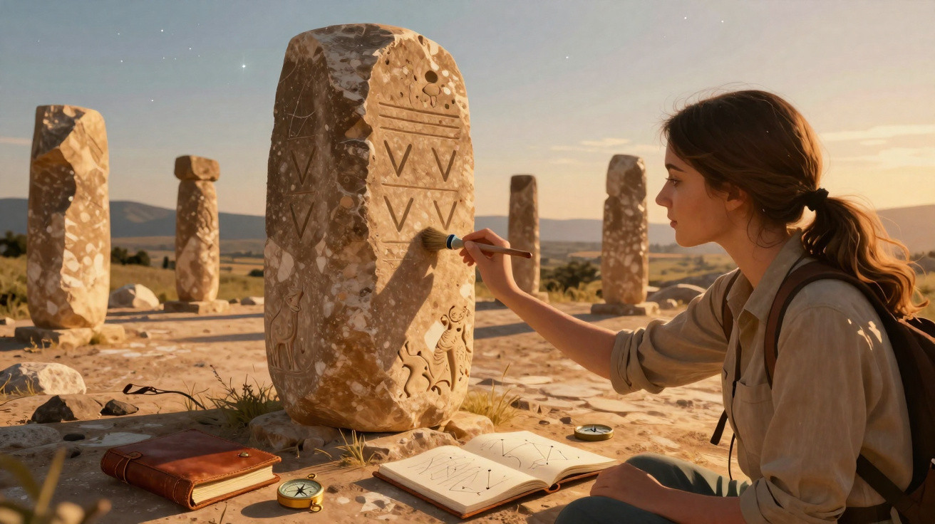 Young woman brushing dust off ancient carved stone pillars in a sunlit archaeological site outdoors