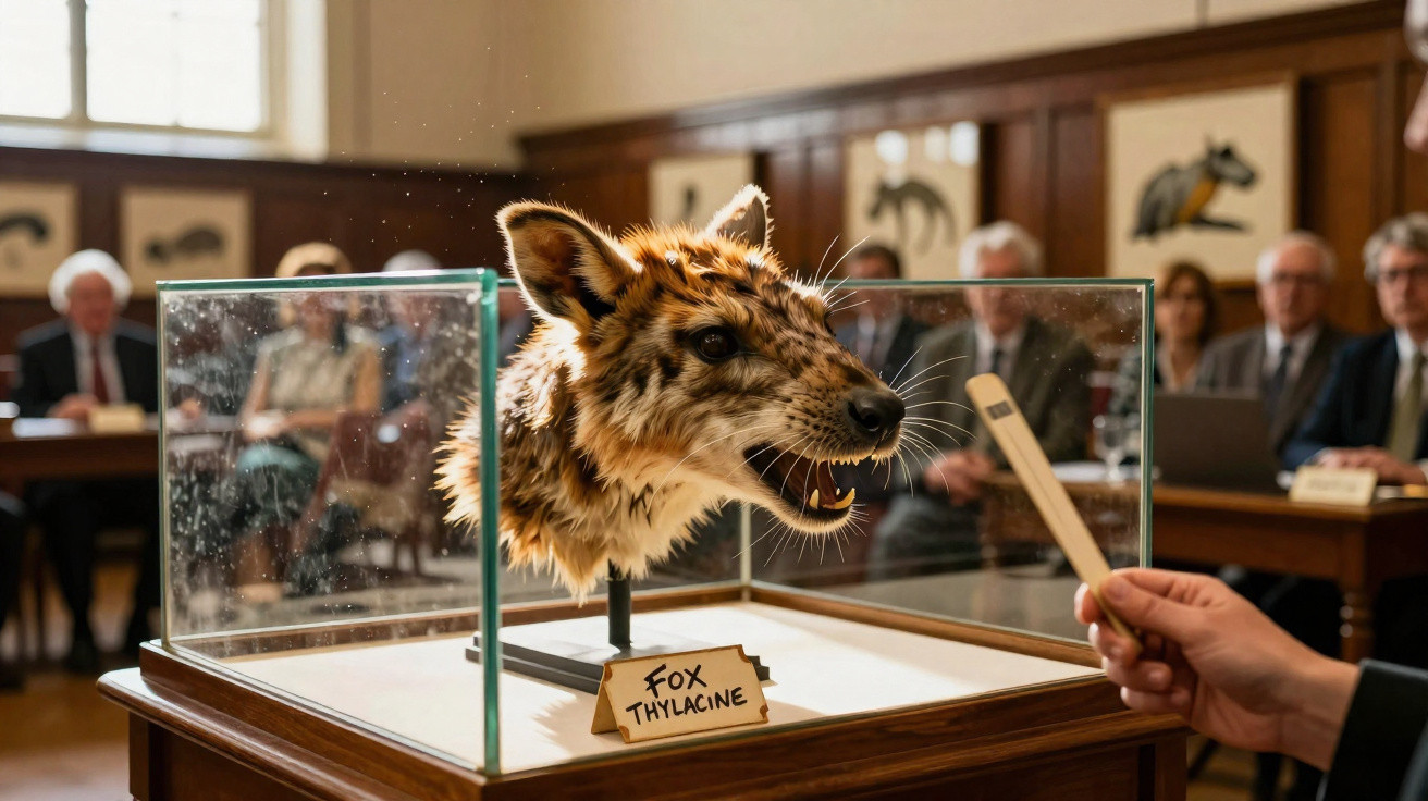 A taxidermy fox head labelled "Fox Thylacine" in a glass case with people in a courtroom setting.