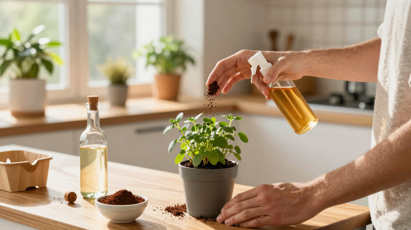Person sprinkling soil and spraying water on a potted plant in a sunlit kitchen with plants in the background.