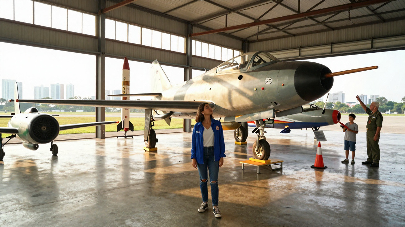 Young woman in blue jacket stands near vintage jet aircraft inside a spacious hangar with two other people nearby