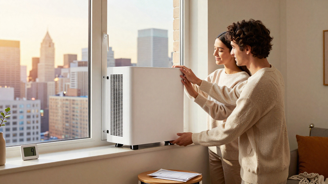 Young couple installing a portable air conditioner by a window with a city skyline at sunset in the background.