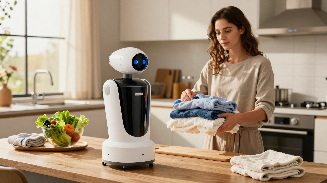 A woman folding laundry in a kitchen next to a white and black robot on a wooden countertop.