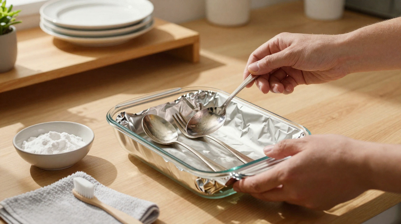 Hands polishing two metal spoons placed in a glass dish lined with aluminium foil on a wooden table.