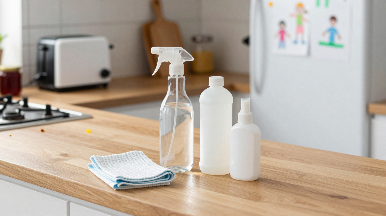 Clear spray bottle, two white bottles, and folded cloth on wooden kitchen countertop with appliances in background.