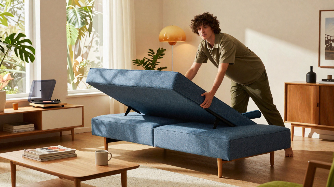 Young man lifting the seat of a blue storage sofa in a bright, modern living room with wooden furniture.