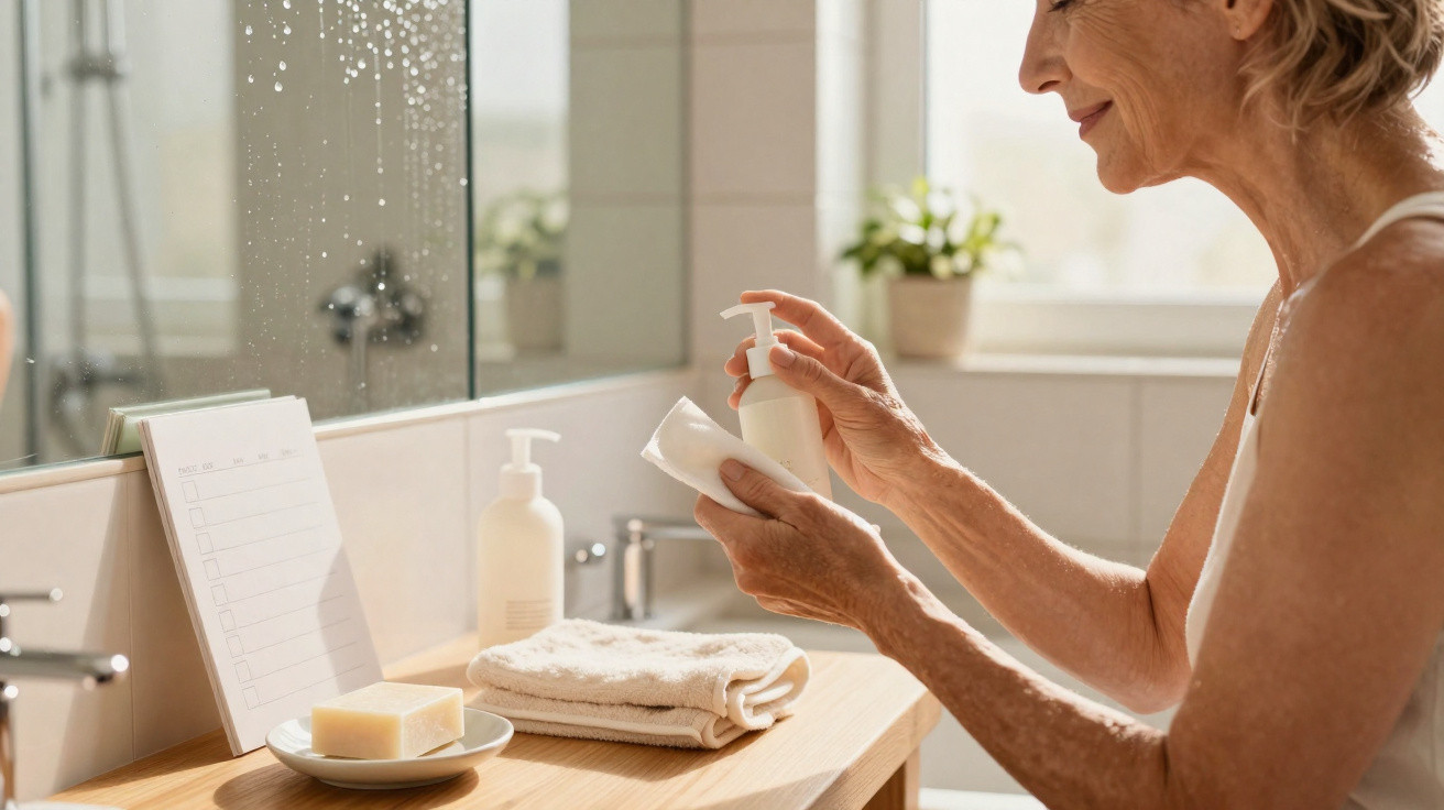 Mature woman applying lotion in a bright bathroom with soap, towel, and calendar on wooden countertop