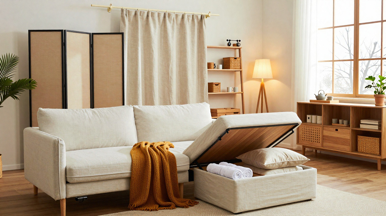 Beige sofa with storage open showing pillows and towels in a bright living room with wooden furniture.