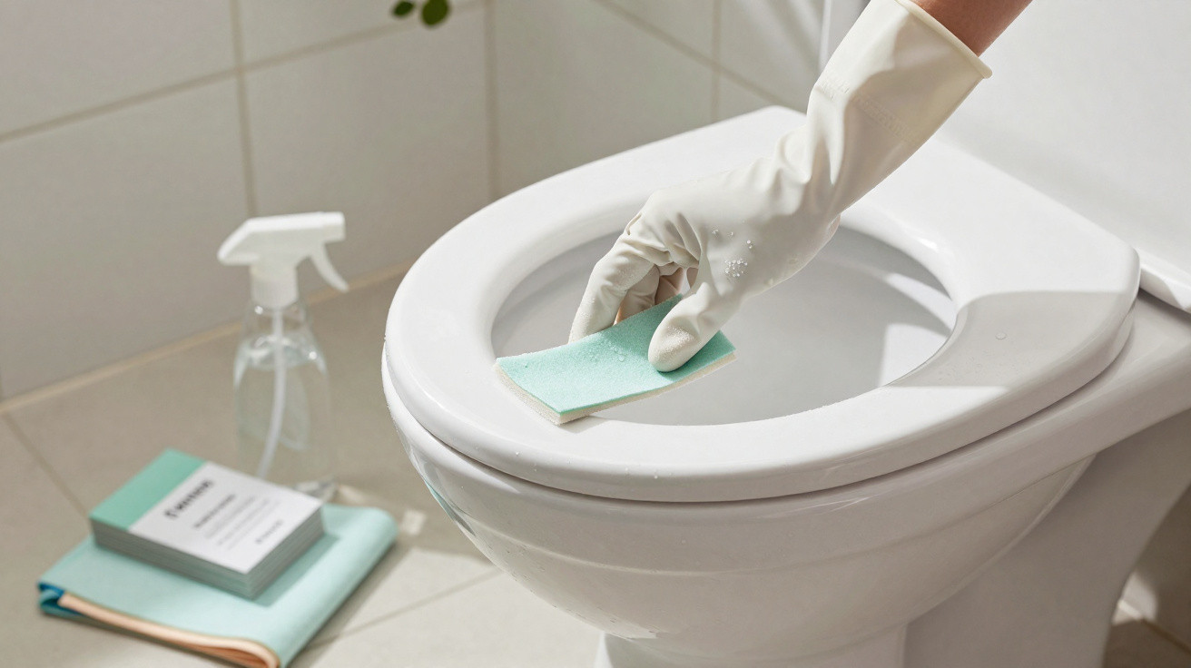 Hand wearing white glove cleaning toilet bowl rim with sponge in bathroom setting with cleaning supplies nearby.