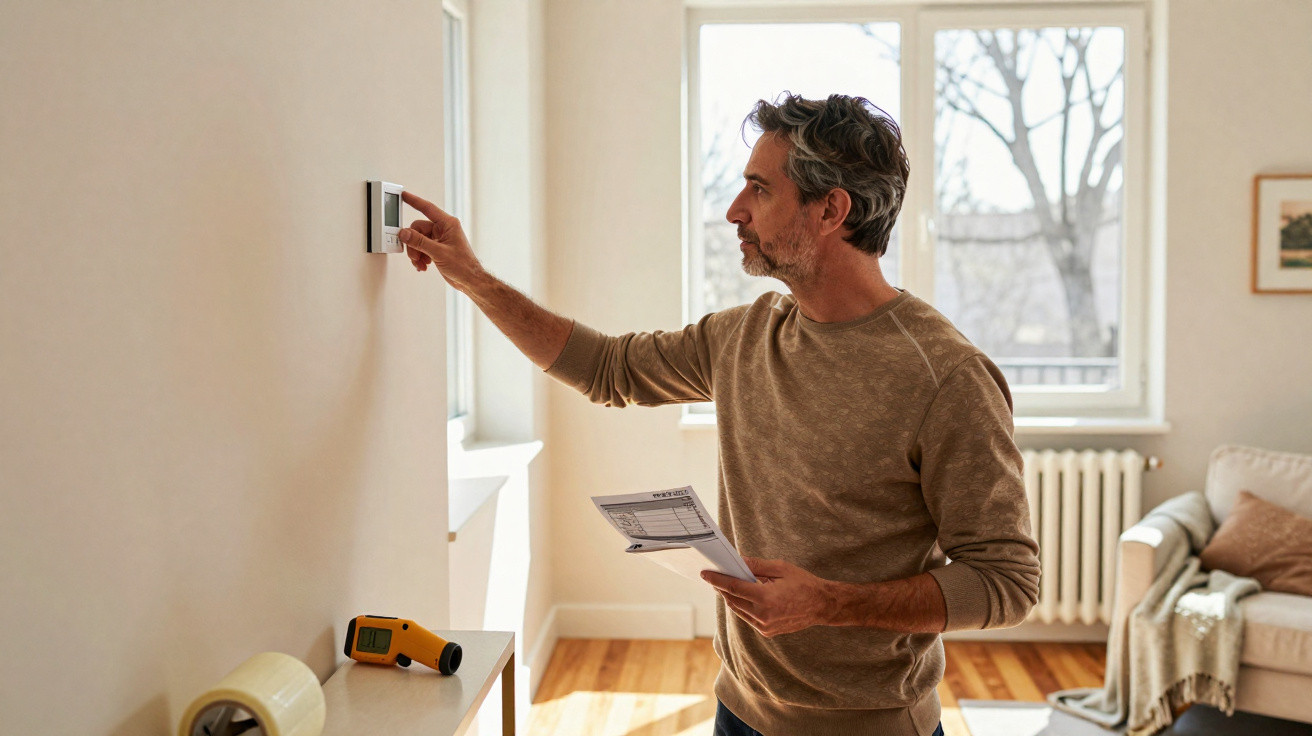 Man adjusting a thermostat on a wall inside a bright living room, holding an energy bill.