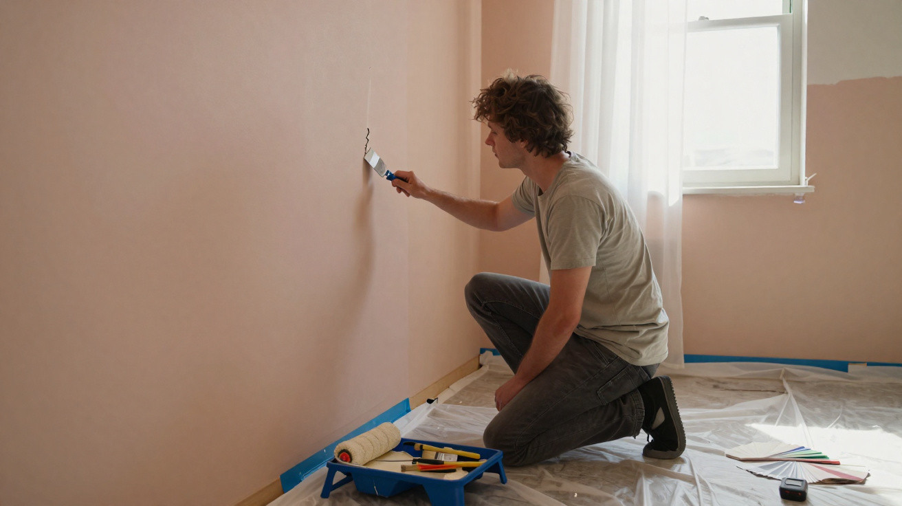 Man kneeling while patching a hole in a beige wall during room renovation with paint supplies nearby.