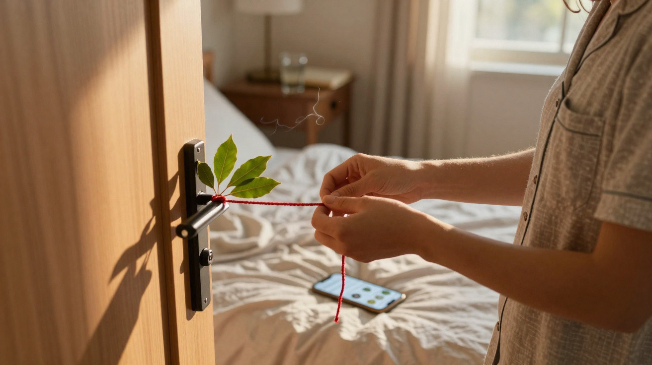 Person tying a red string with leaves to a door handle in a sunlit bedroom with a phone on the bed.