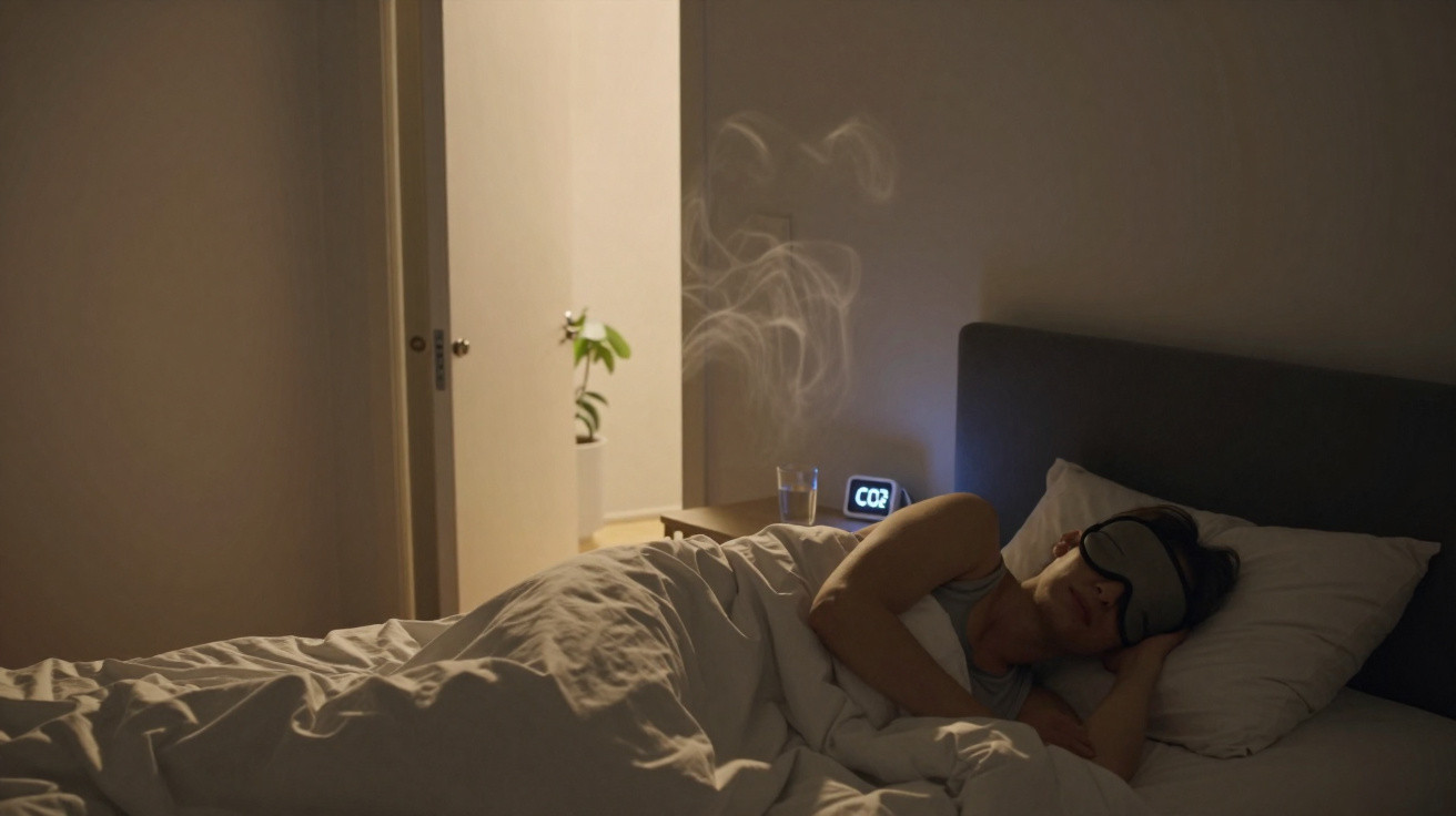Person sleeping in bed wearing a sleep mask, with a CO2 monitor and glass of water on the bedside table.