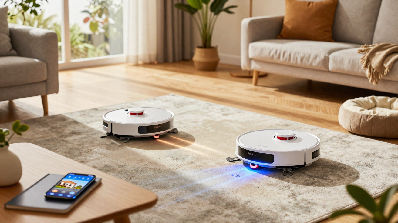 Two white robotic vacuum cleaners operating on a beige carpet in a bright living room.