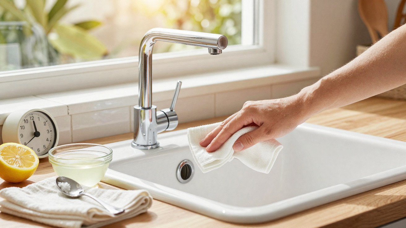 A hand cleaning a white kitchen sink with a cloth, a lemon half, and a glass bowl with juice beside it.
