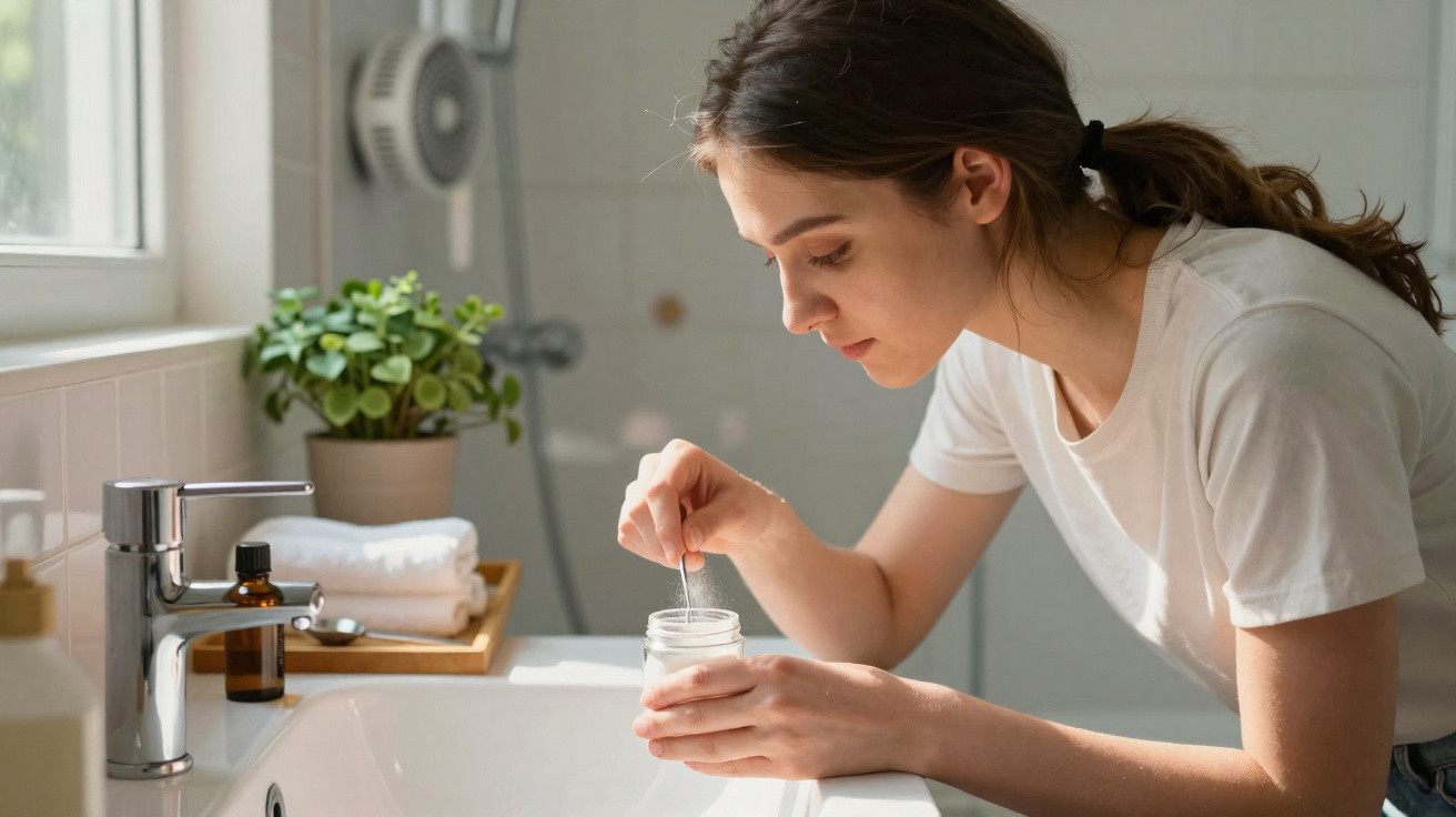 Young woman in white t-shirt stirring a jar of cream in a bathroom with natural light and a potted plant nearby.