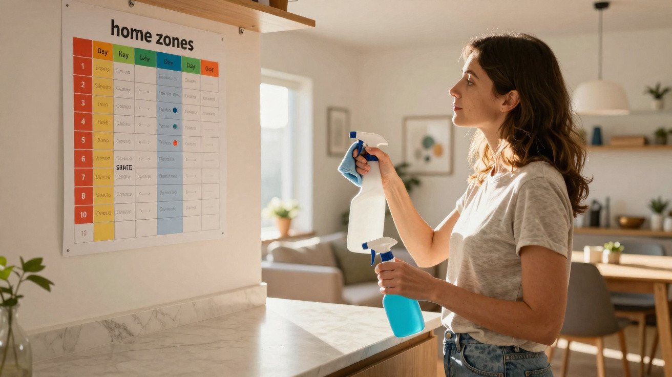 Woman holding cleaning spray and cloth looking at a home zones cleaning schedule on the wall.