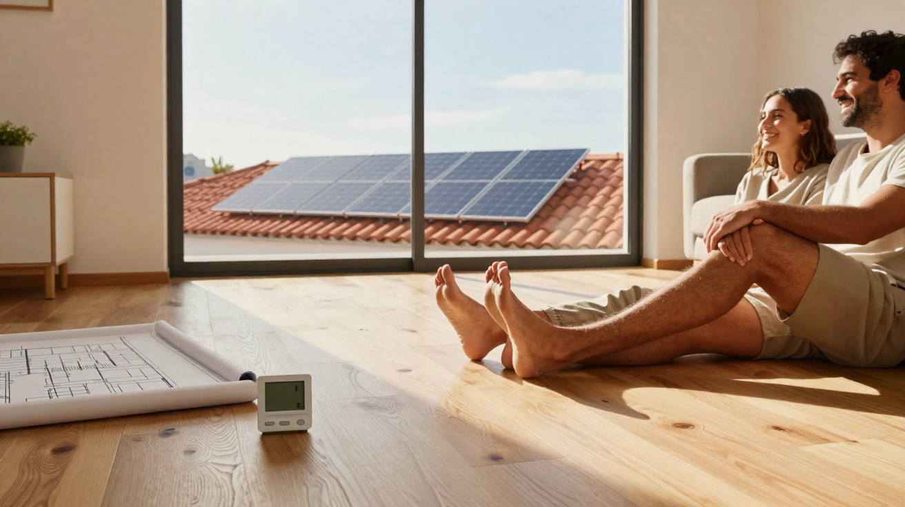 Couple sitting on wooden floor near sliding glass door with solar panels on roof outside on sunny day.